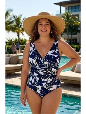 Lands' End One Piece Floral Swimsuit Navy, Black & White Size 10
